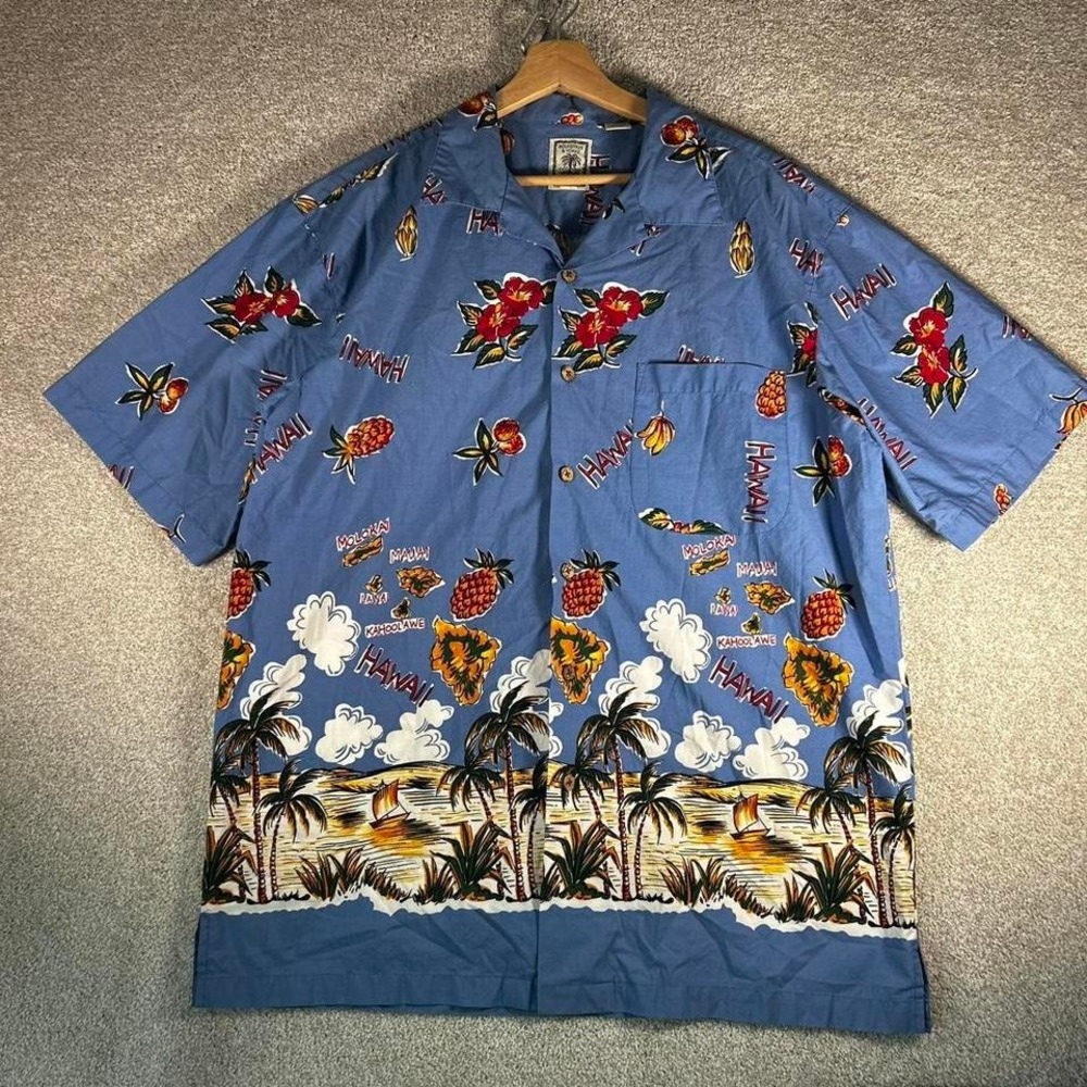 Vintage style blue crazy all over print short sleeve Hawaiian shirt Size L